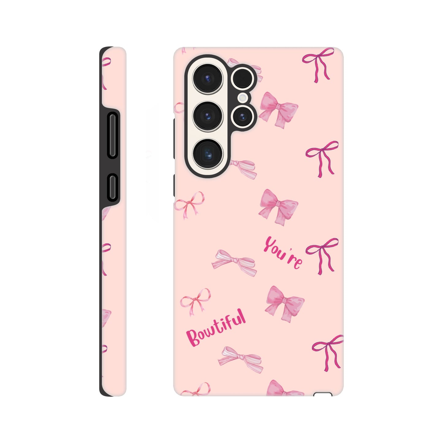 Bowtiful Bliss phone case back view with inspirational message and bow illustrations