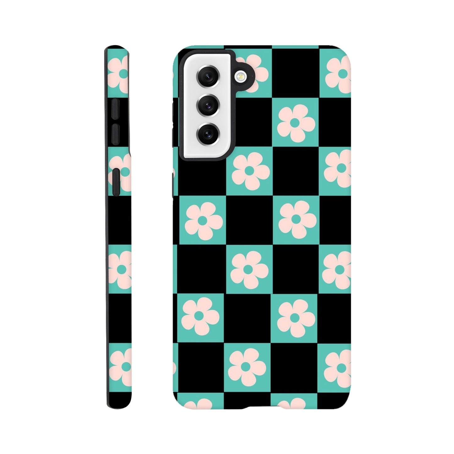 Floral checkered tough phone case with dual-layer protection