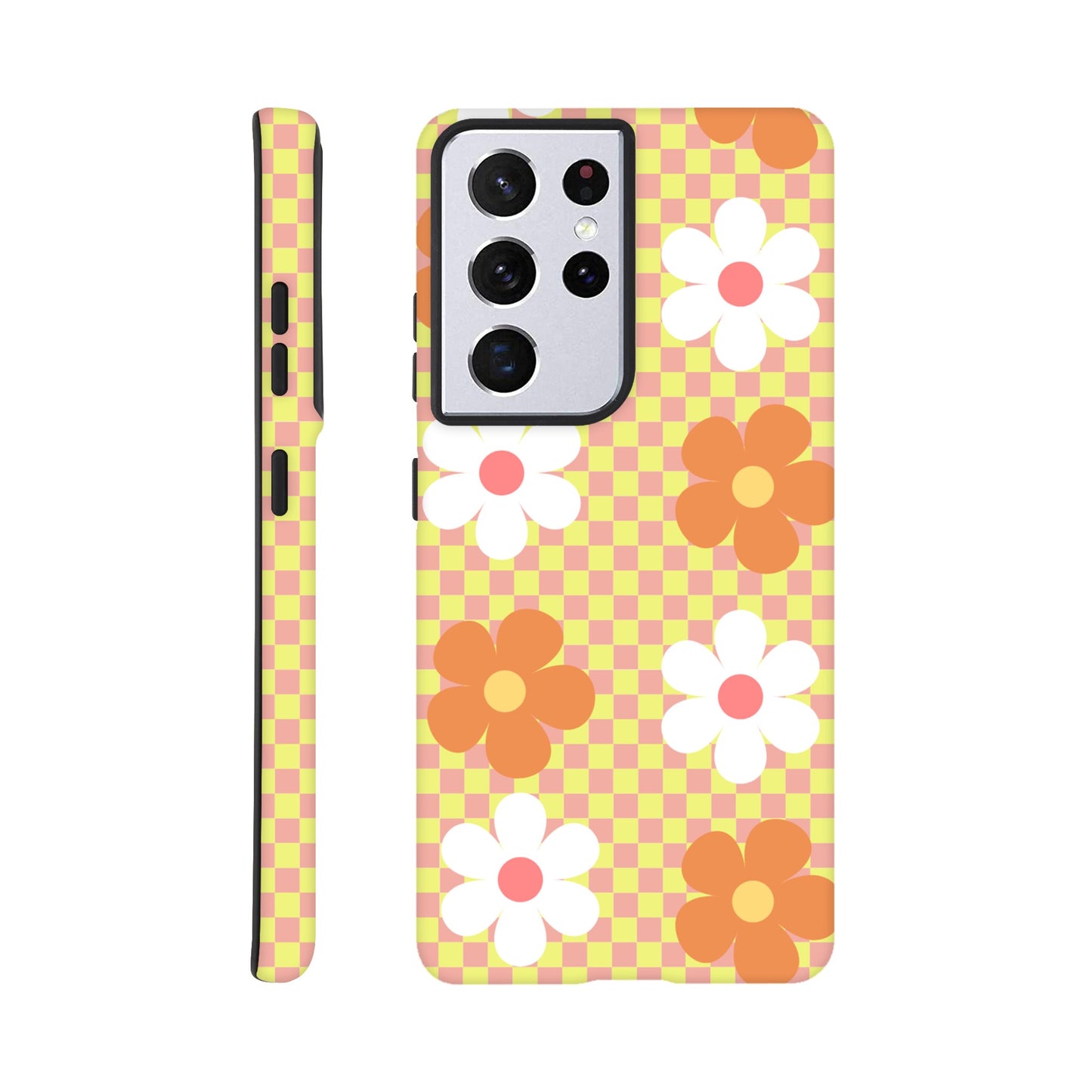 Blossom Blocks phone case back view with colorful flower pattern