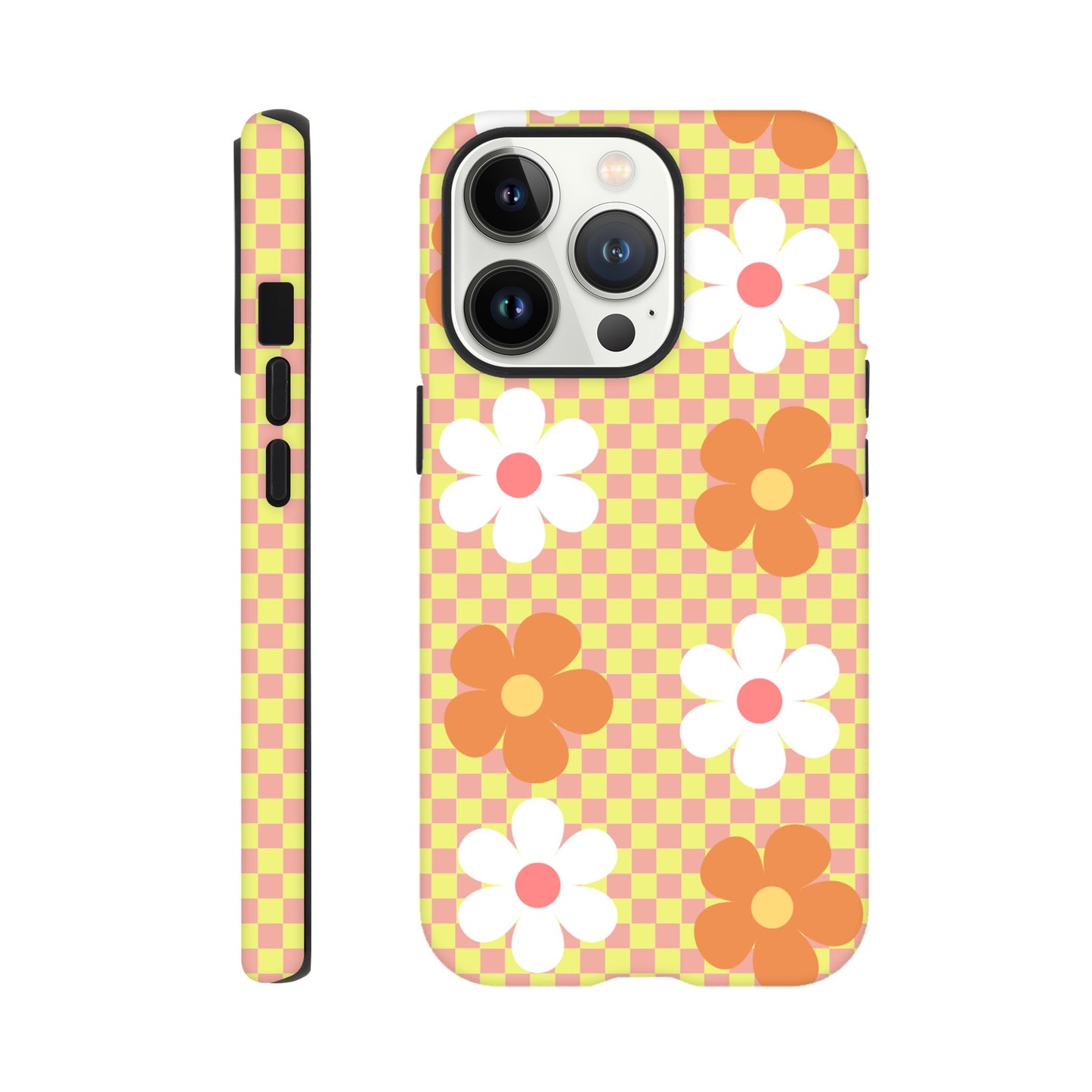 Blossom Blocks tough phone case with floral checkerboard pattern