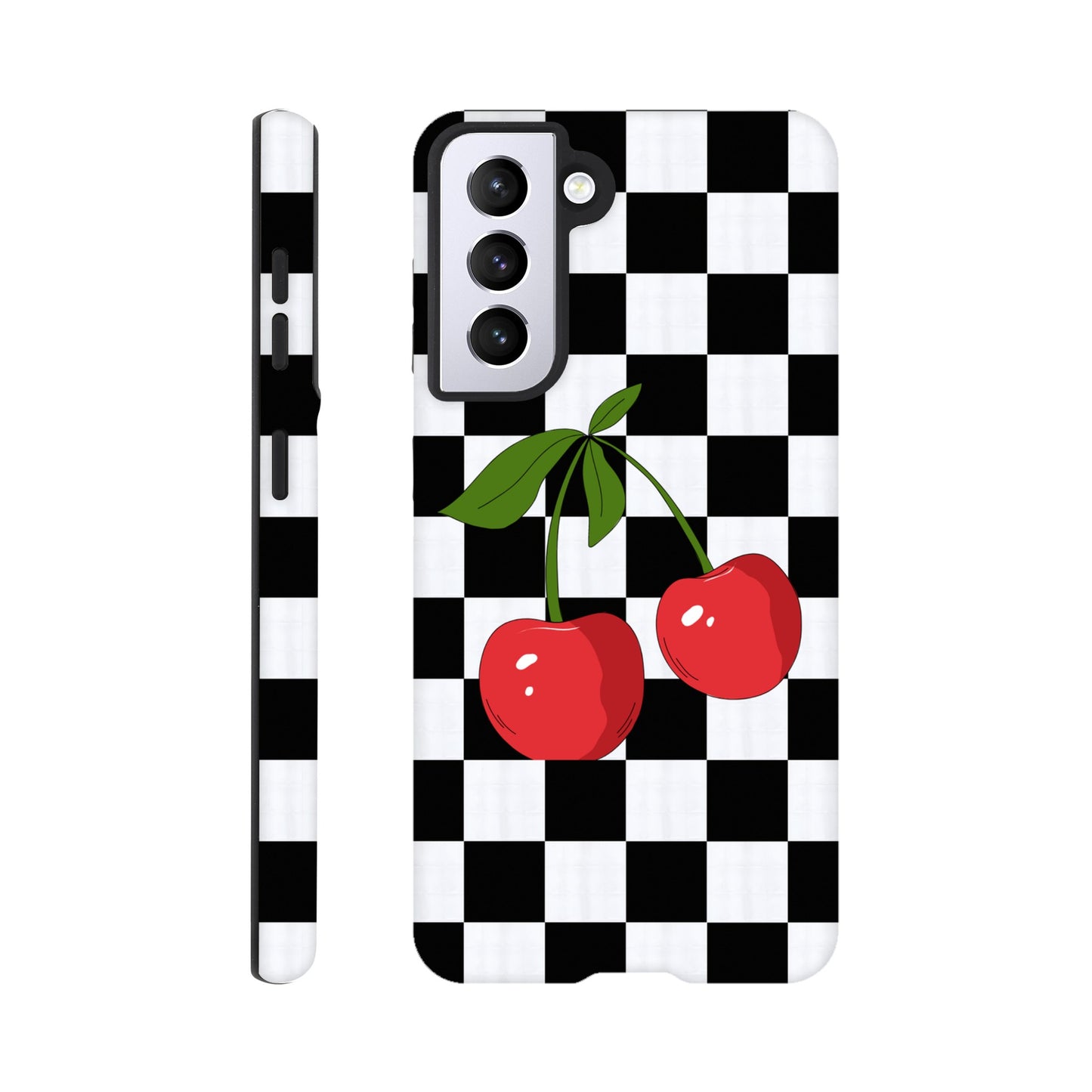 Cherry Checkmate phone case back view with playful cherry illustration