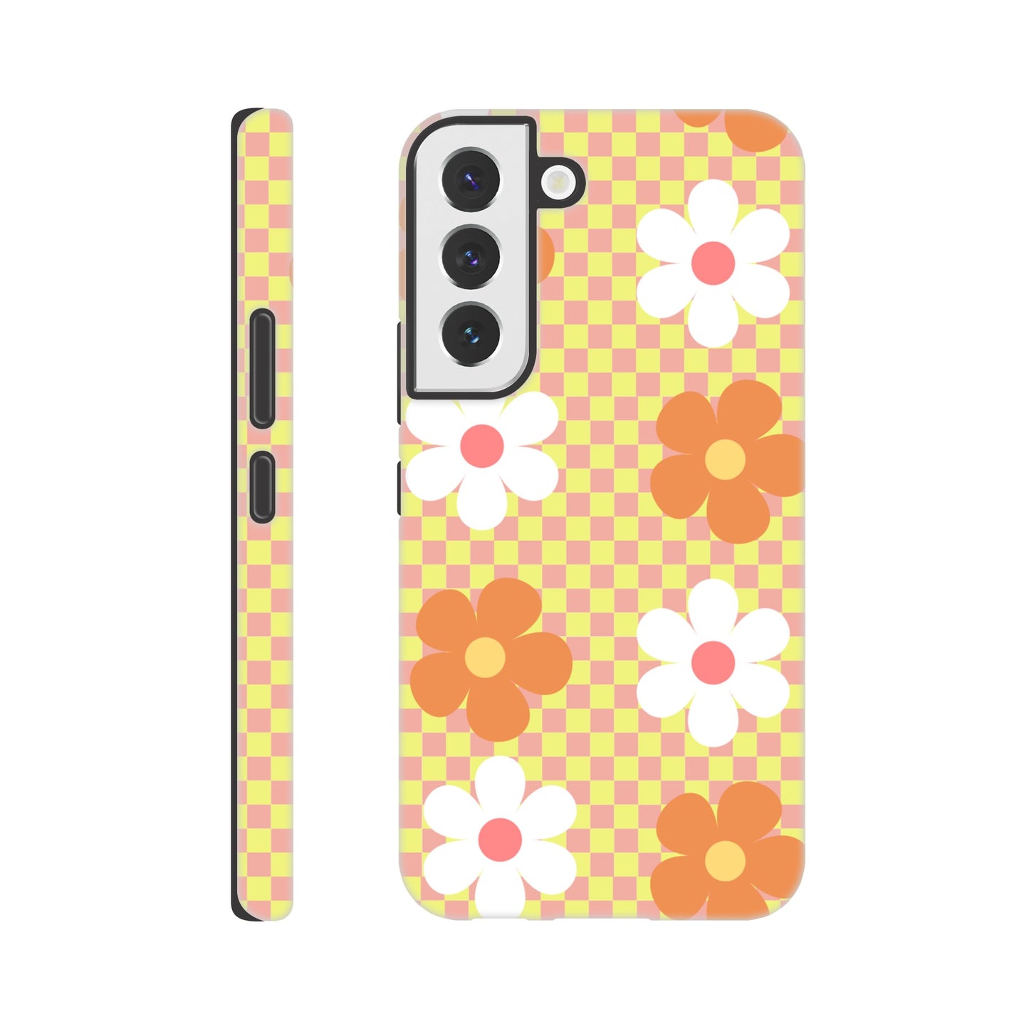 Blossom Blocks phone case back view with colorful flower pattern