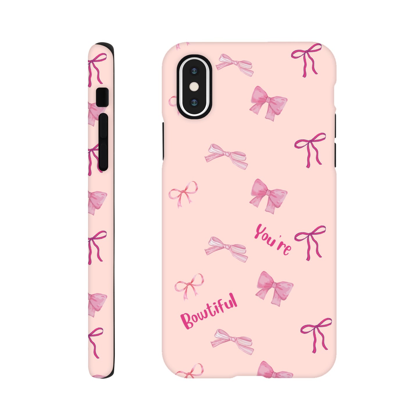 Bowtiful Bliss phone case back view with inspirational message and bow illustrations