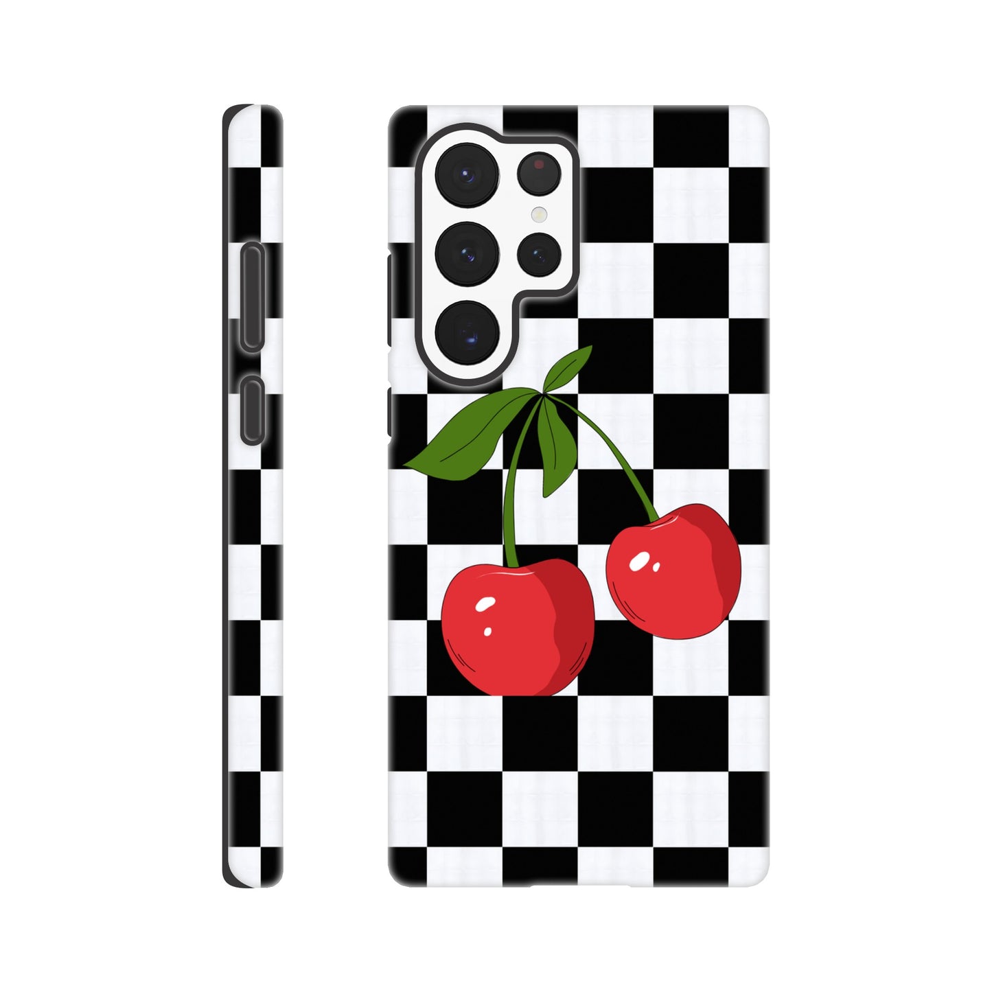 Cherry Checkmate tough phone case with cherry and checkerboard pattern front view