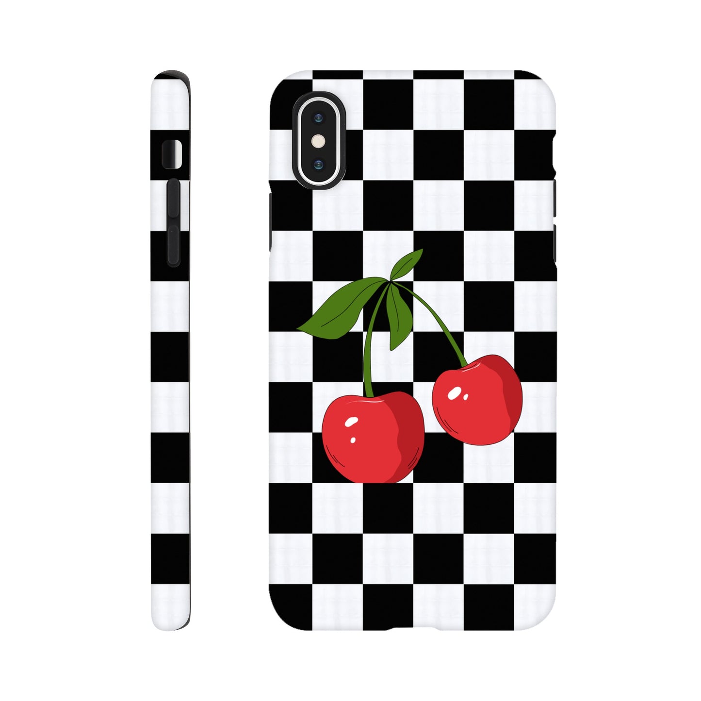 Cherry Checkmate tough case side view showcasing vibrant design