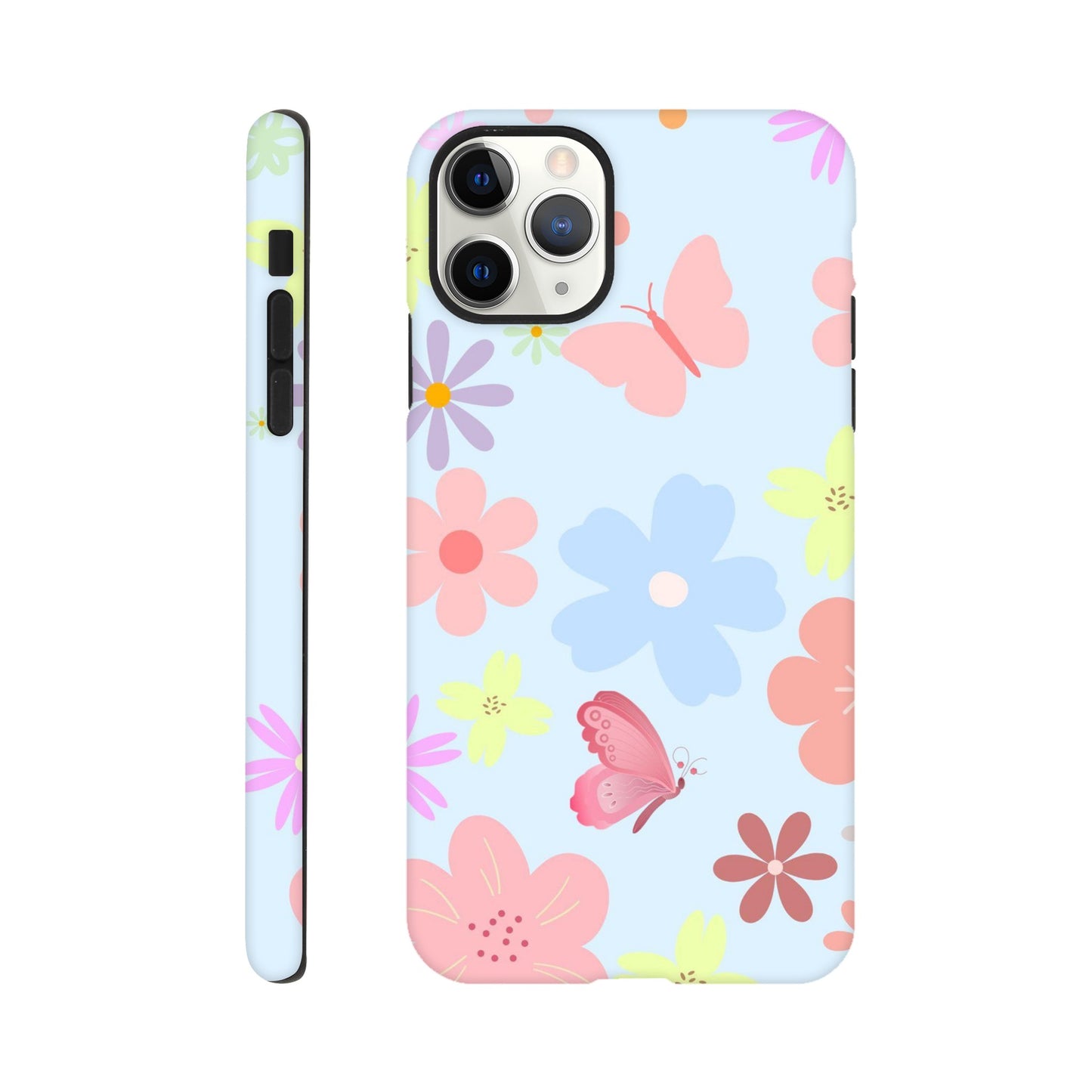 Butterfly Blossom phone case back view with colorful flower and butterfly illustrations