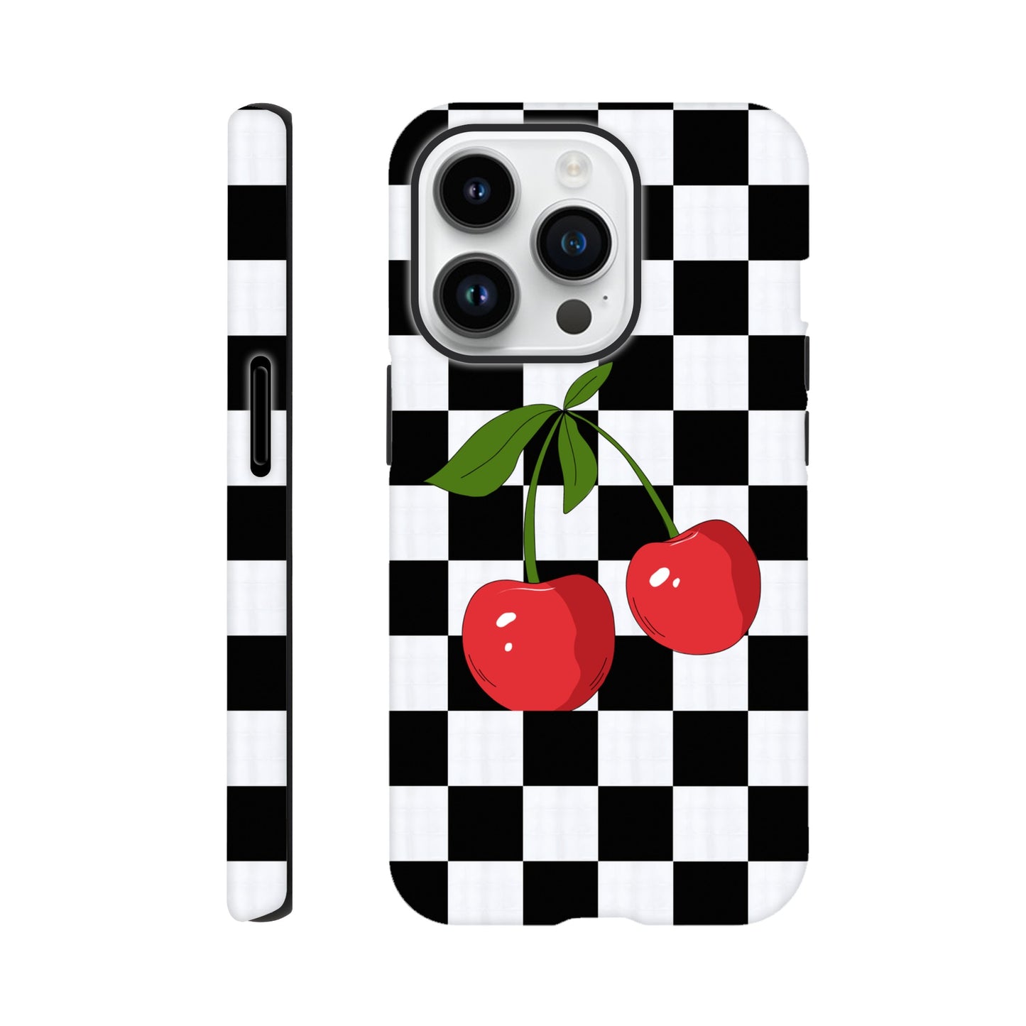 Cherry Checkmate tough case side view showcasing vibrant design