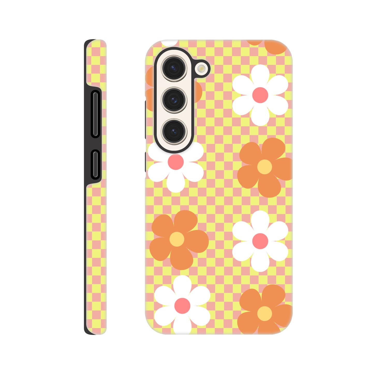 Blossom Blocks phone case back view with colorful flower pattern