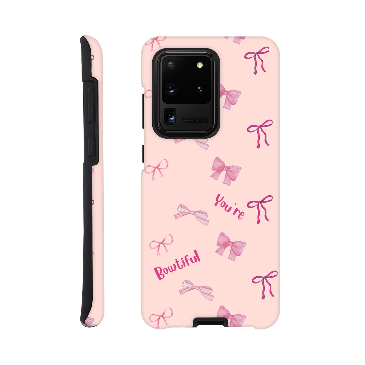 Bowtiful Bliss phone case back view with inspirational message and bow illustrations