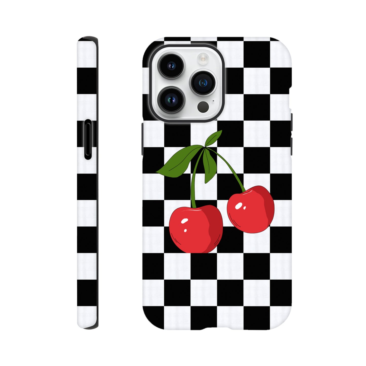 Cherry Checkmate tough phone case with cherry and checkerboard pattern front view