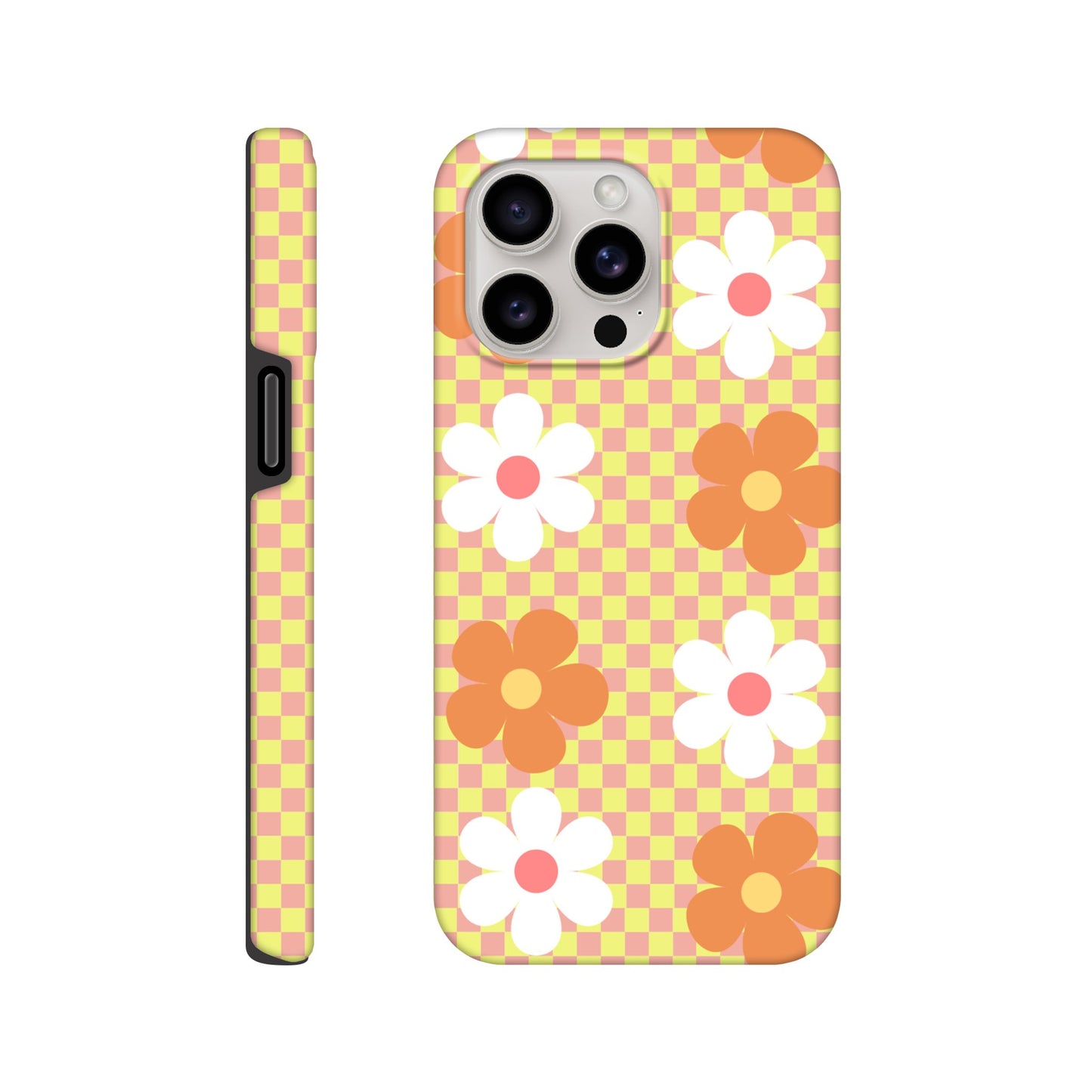 Blossom Blocks tough phone case with floral checkerboard pattern