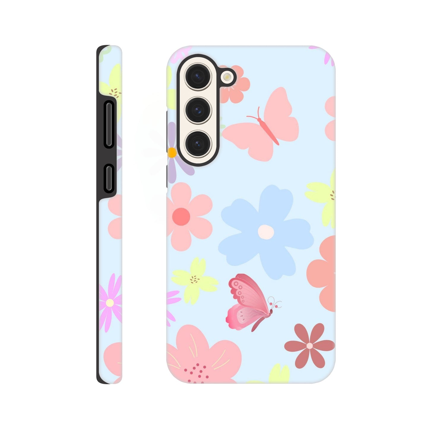 Butterfly Blossom phone case back view with colorful flower and butterfly illustrations