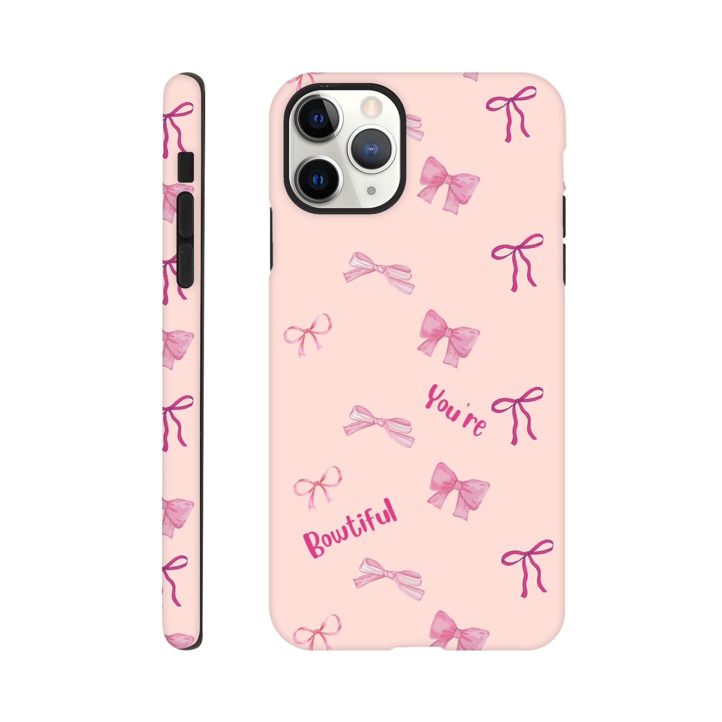 Bowtiful Bliss phone case back view with inspirational message and bow illustrations