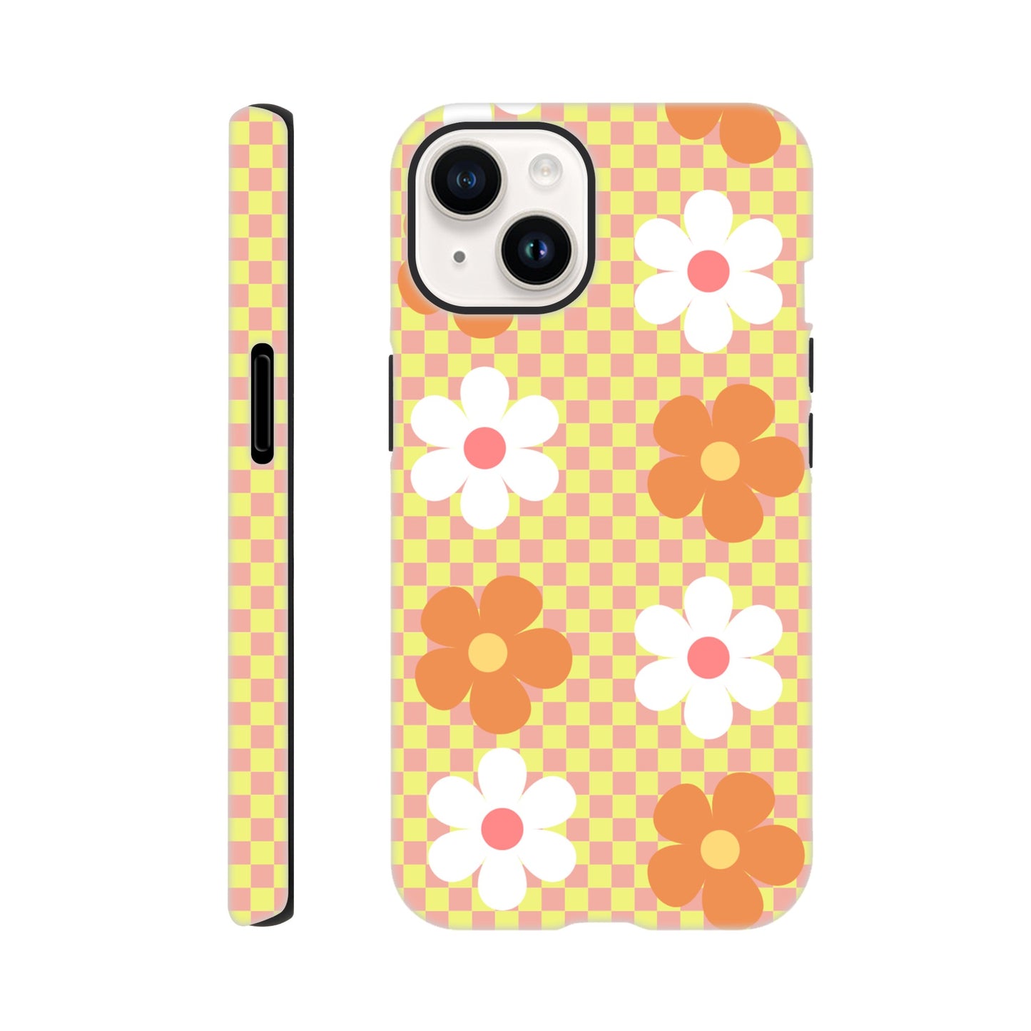 Blossom Blocks tough phone case with floral checkerboard pattern