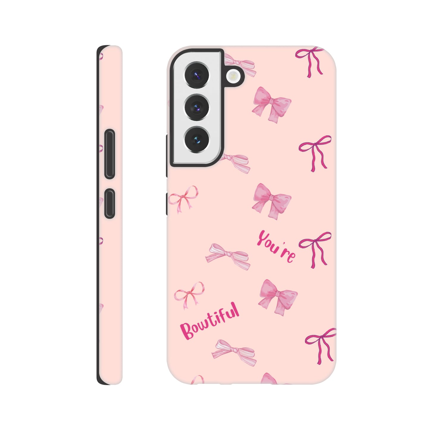 Bowtiful Bliss phone case back view with inspirational message and bow illustrations