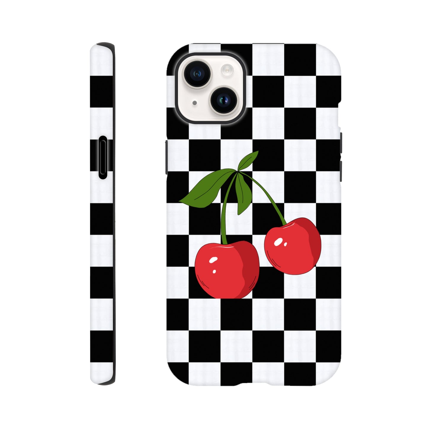 Cherry Checkmate tough phone case with cherry and checkerboard pattern front view