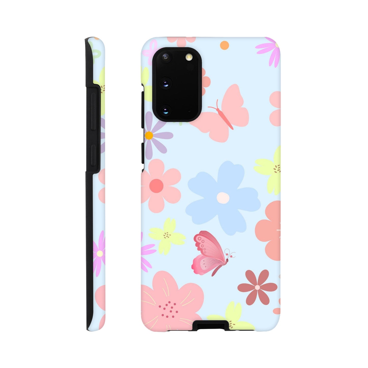 Butterfly Blossom phone case back view with colorful flower and butterfly illustrations