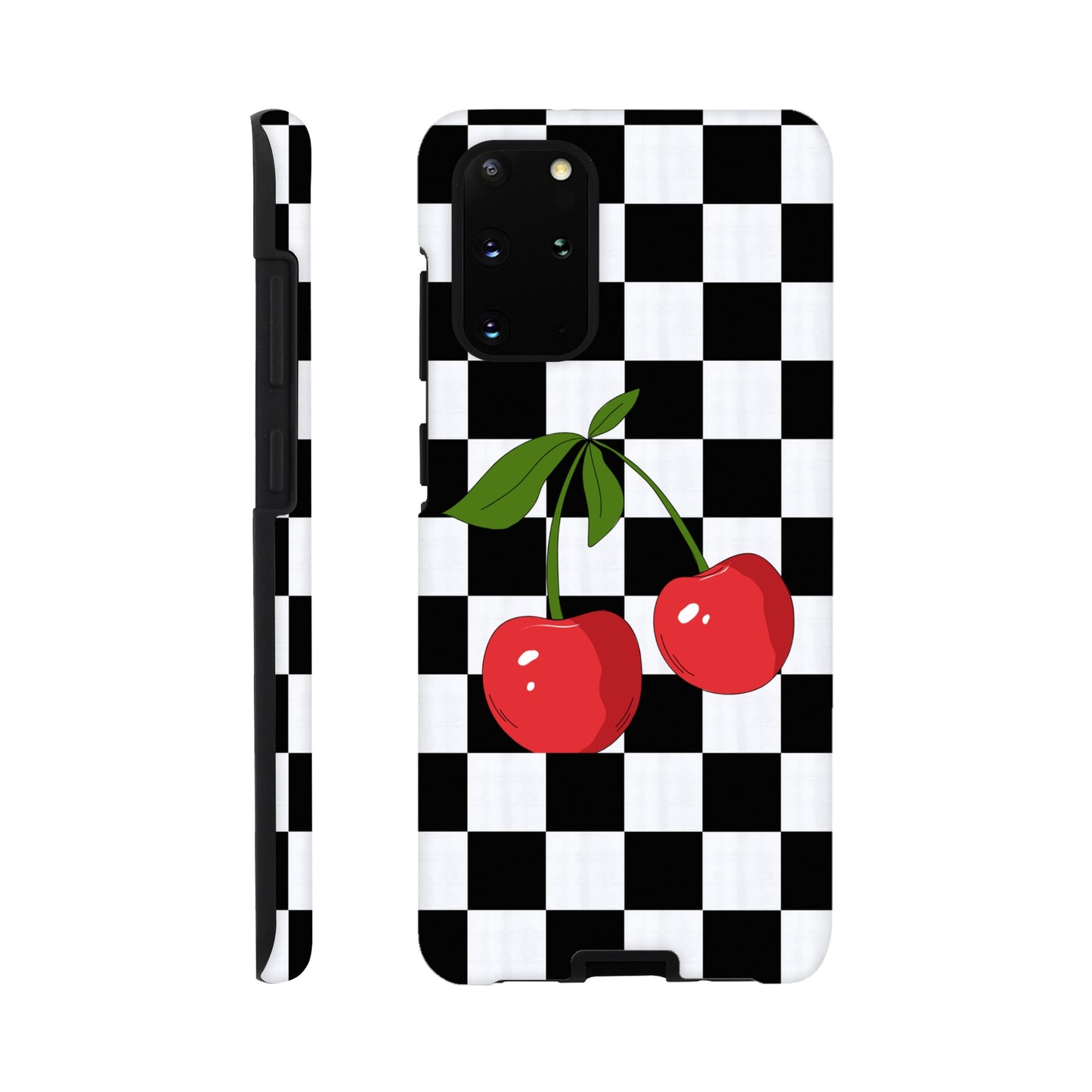 Cherry Checkmate tough phone case with cherry and checkerboard pattern front view