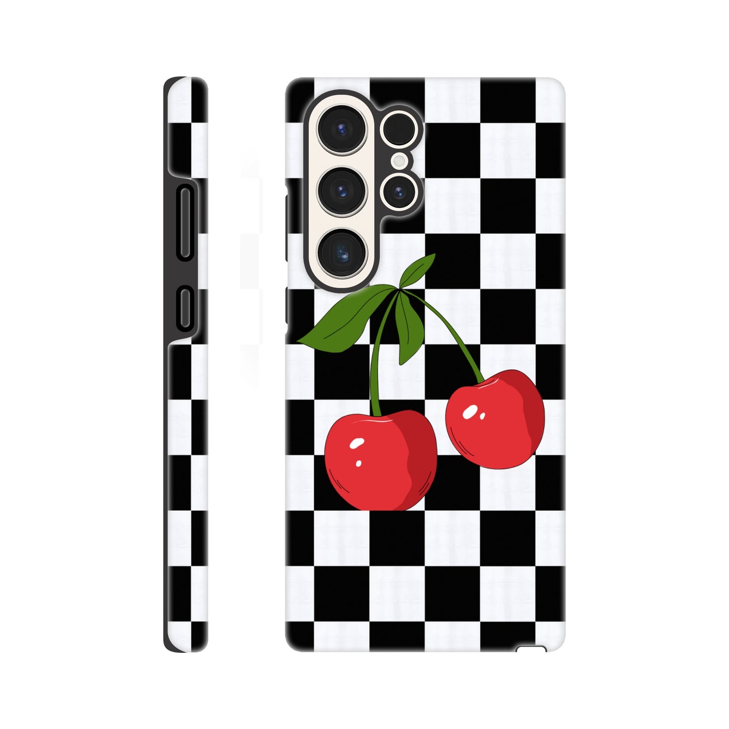 Cherry Checkmate tough case side view showcasing vibrant design