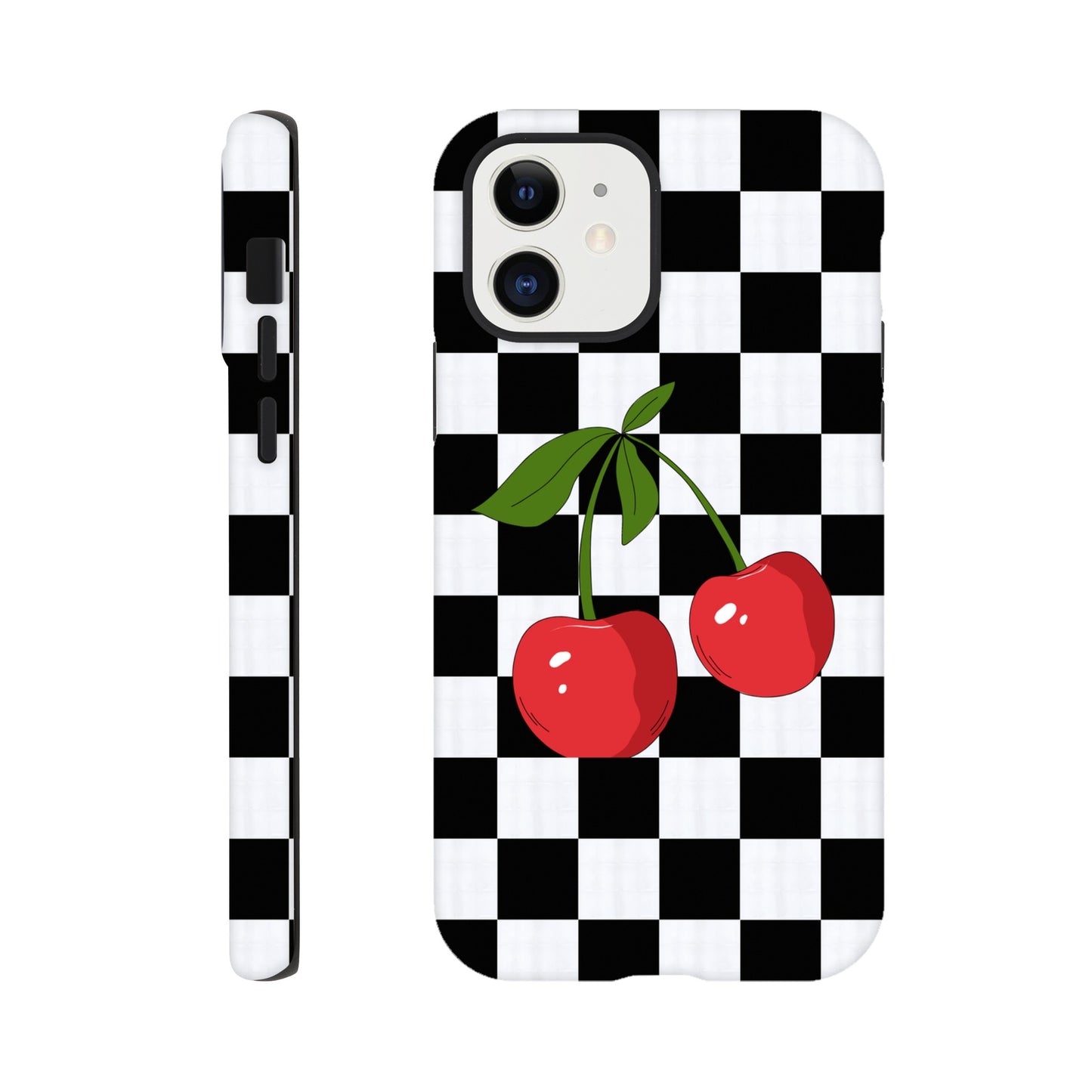 Cherry Checkmate tough phone case with cherry and checkerboard pattern front view