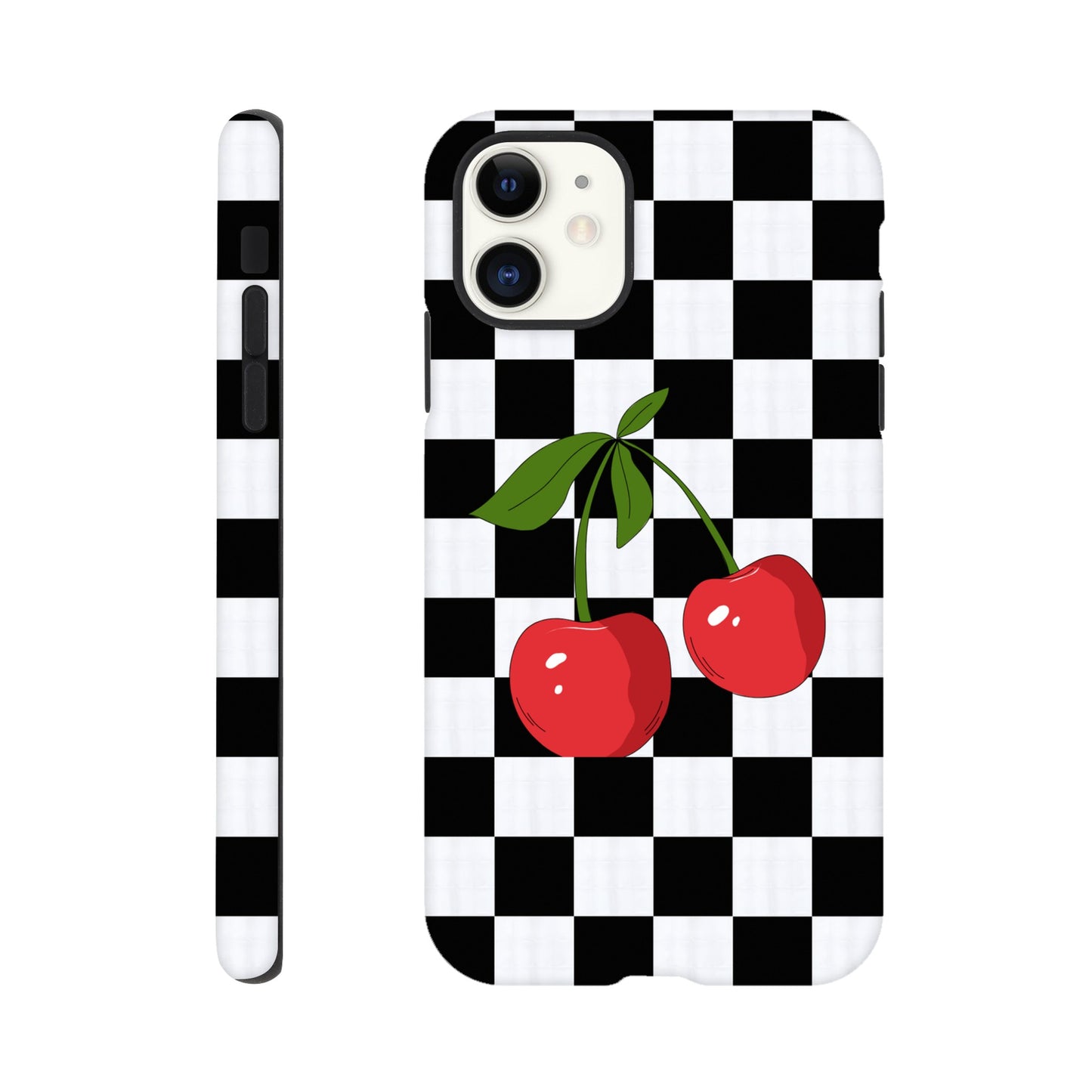 Cherry Checkmate tough phone case with cherry and checkerboard pattern front view