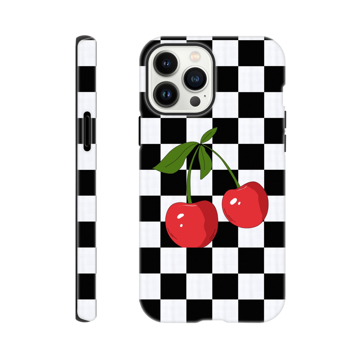 Cherry Checkmate phone case back view with playful cherry illustration