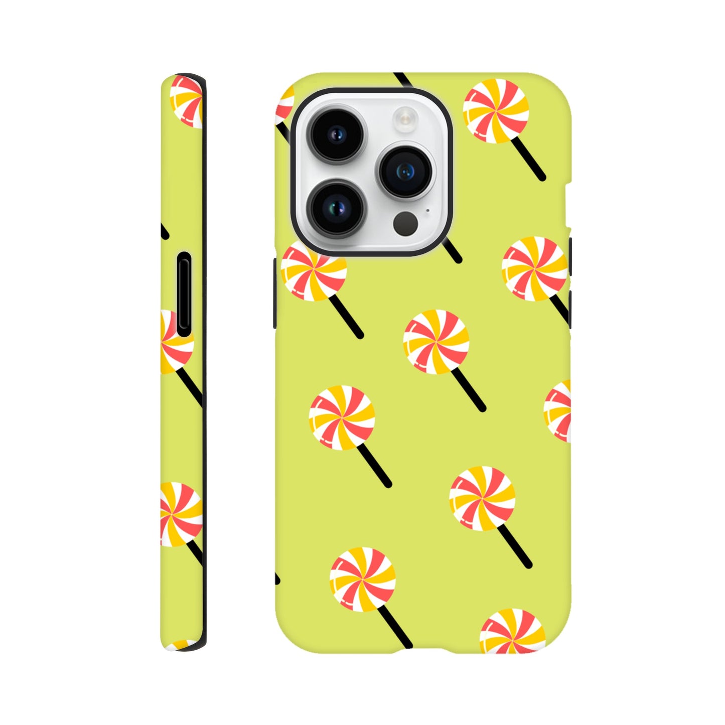 Sugary Spin phone case side view with vibrant candy design