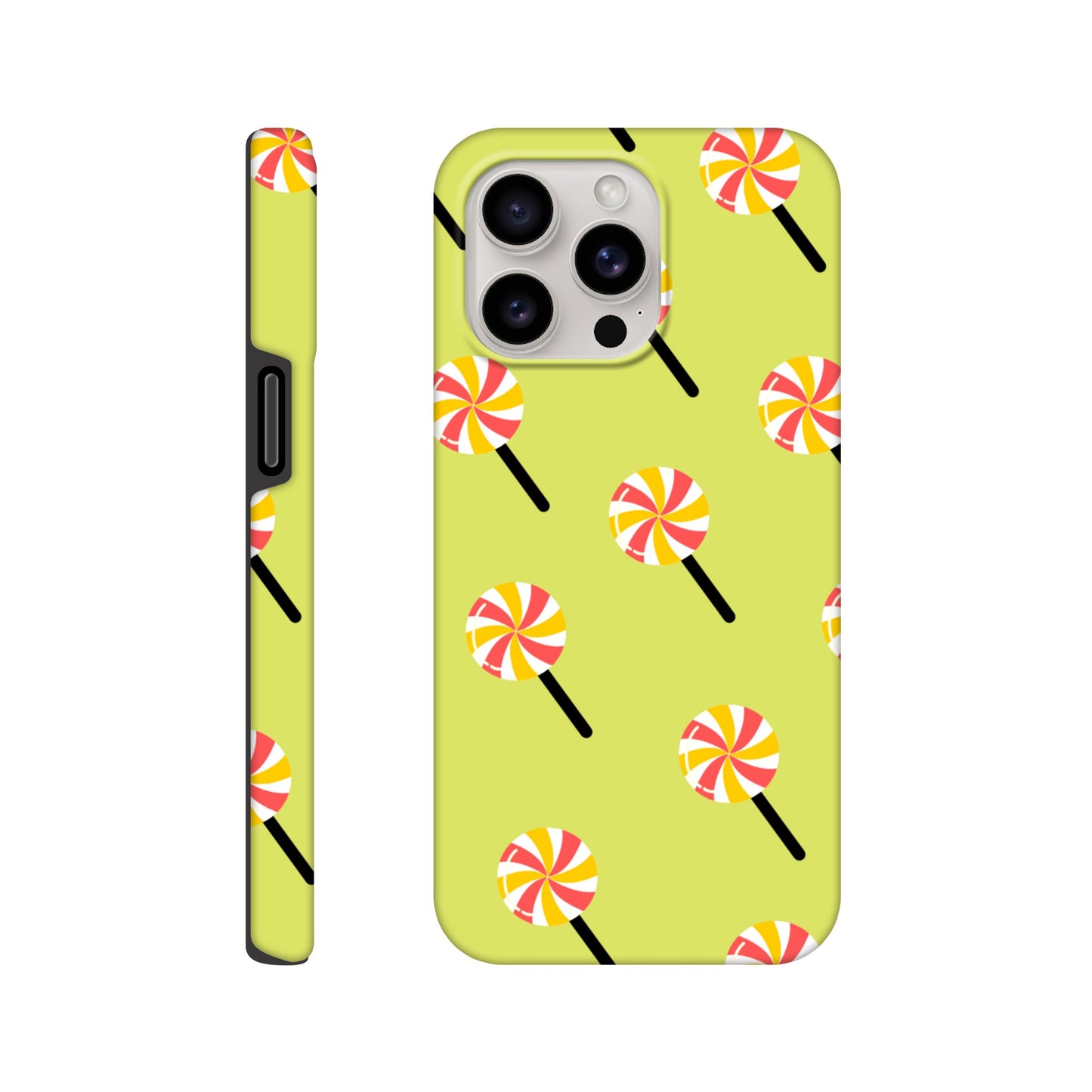 Sugary Spin phone case side view with vibrant candy design