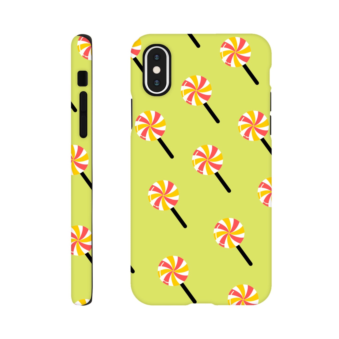 Sugary Spin phone case side view with vibrant candy design
