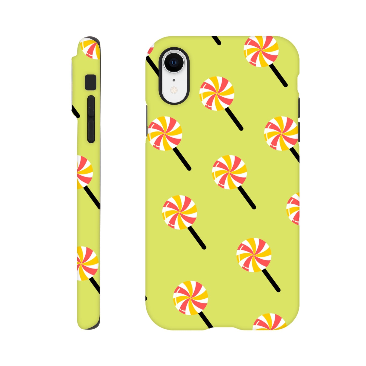 Sugary Spin phone case side view with vibrant candy design