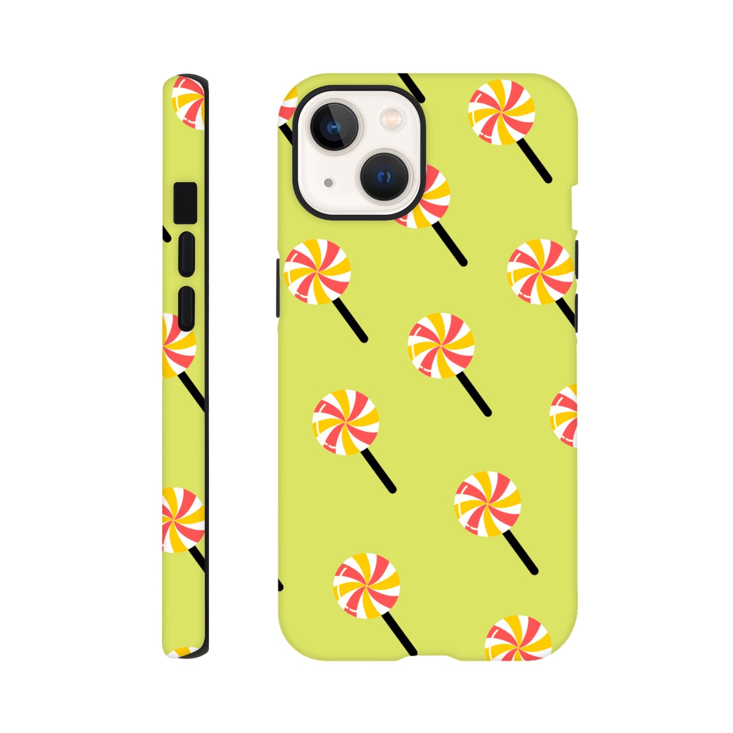 Sugary Spin phone case side view with vibrant candy design