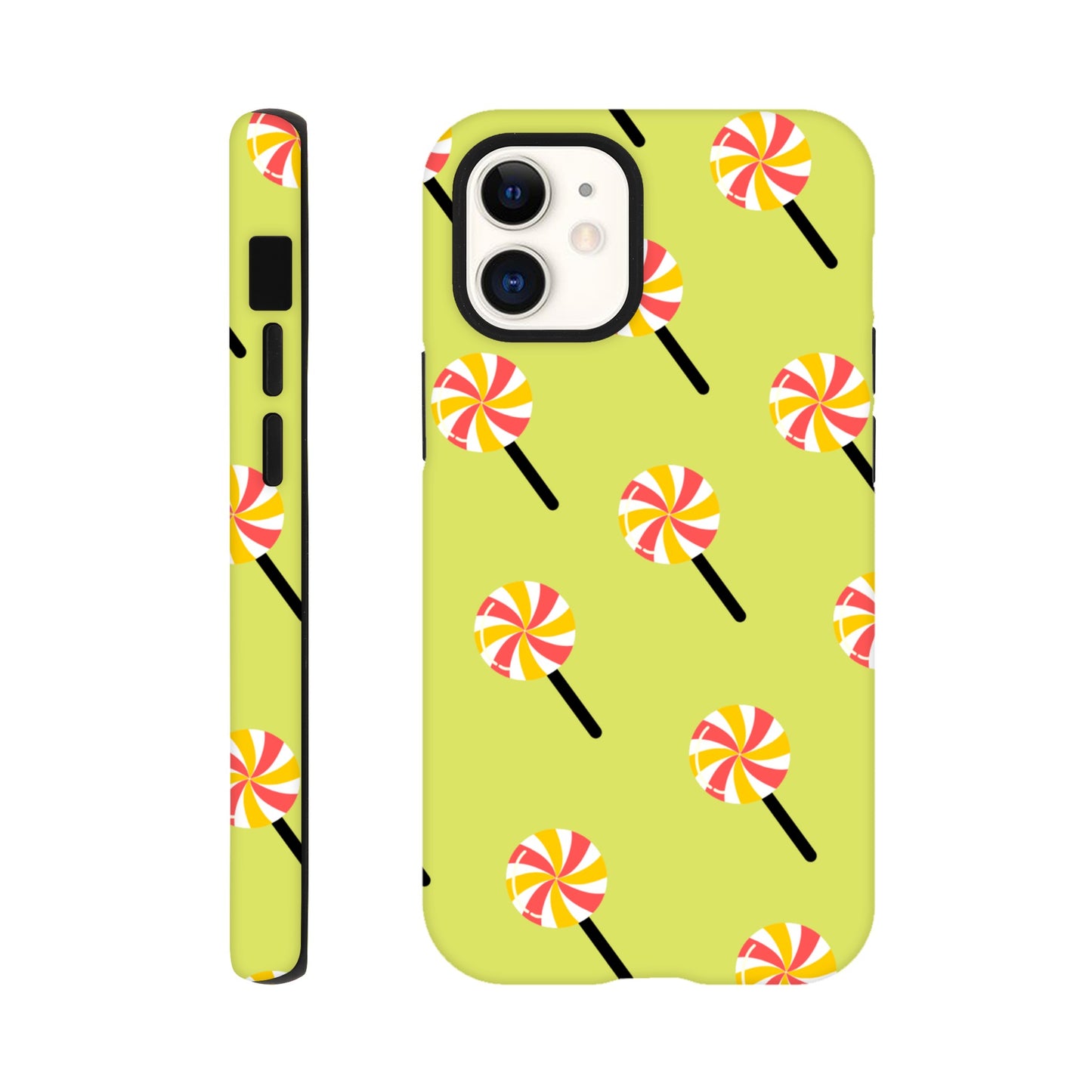 Sugary Spin phone case side view with vibrant candy design