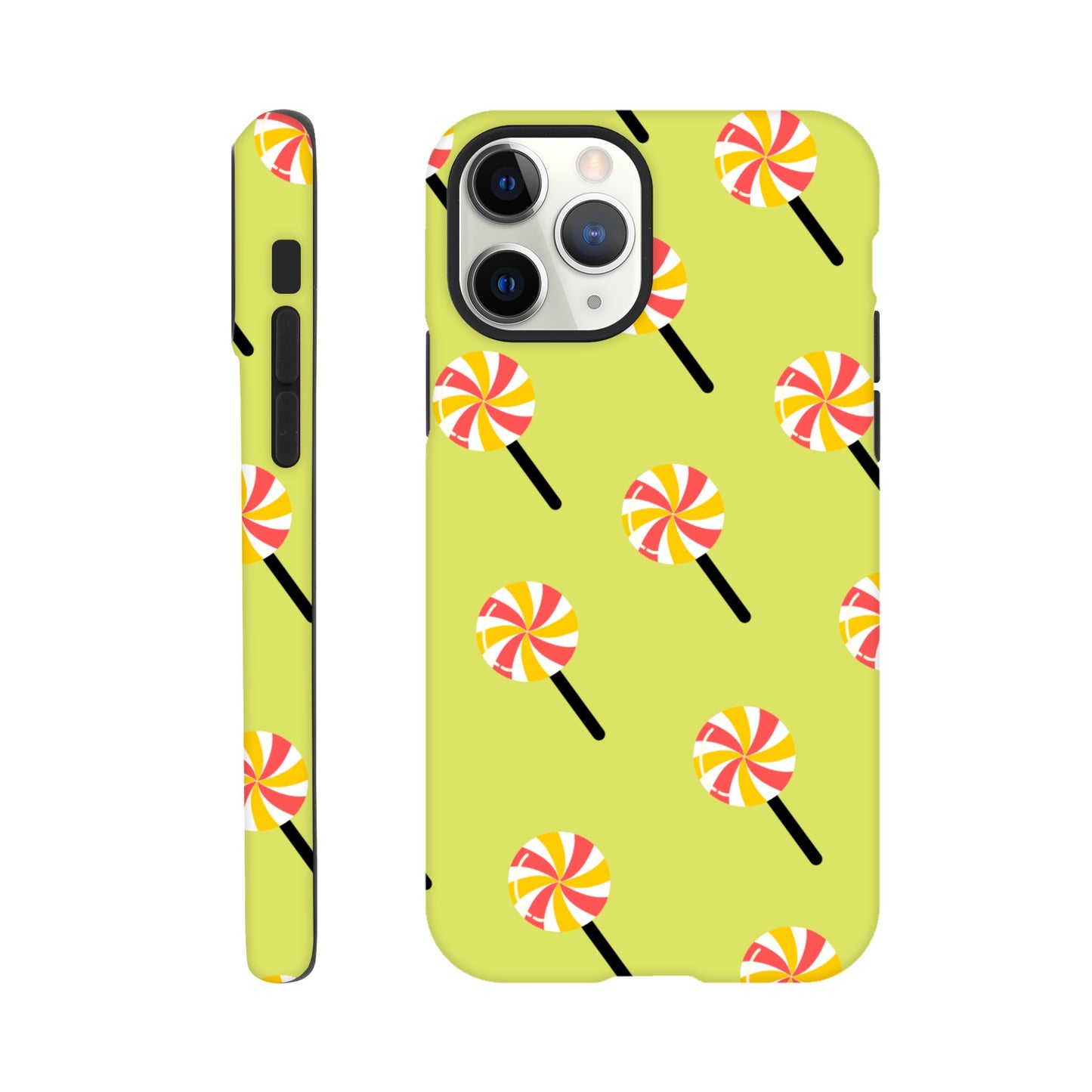 Sugary Spin phone case side view with vibrant candy design