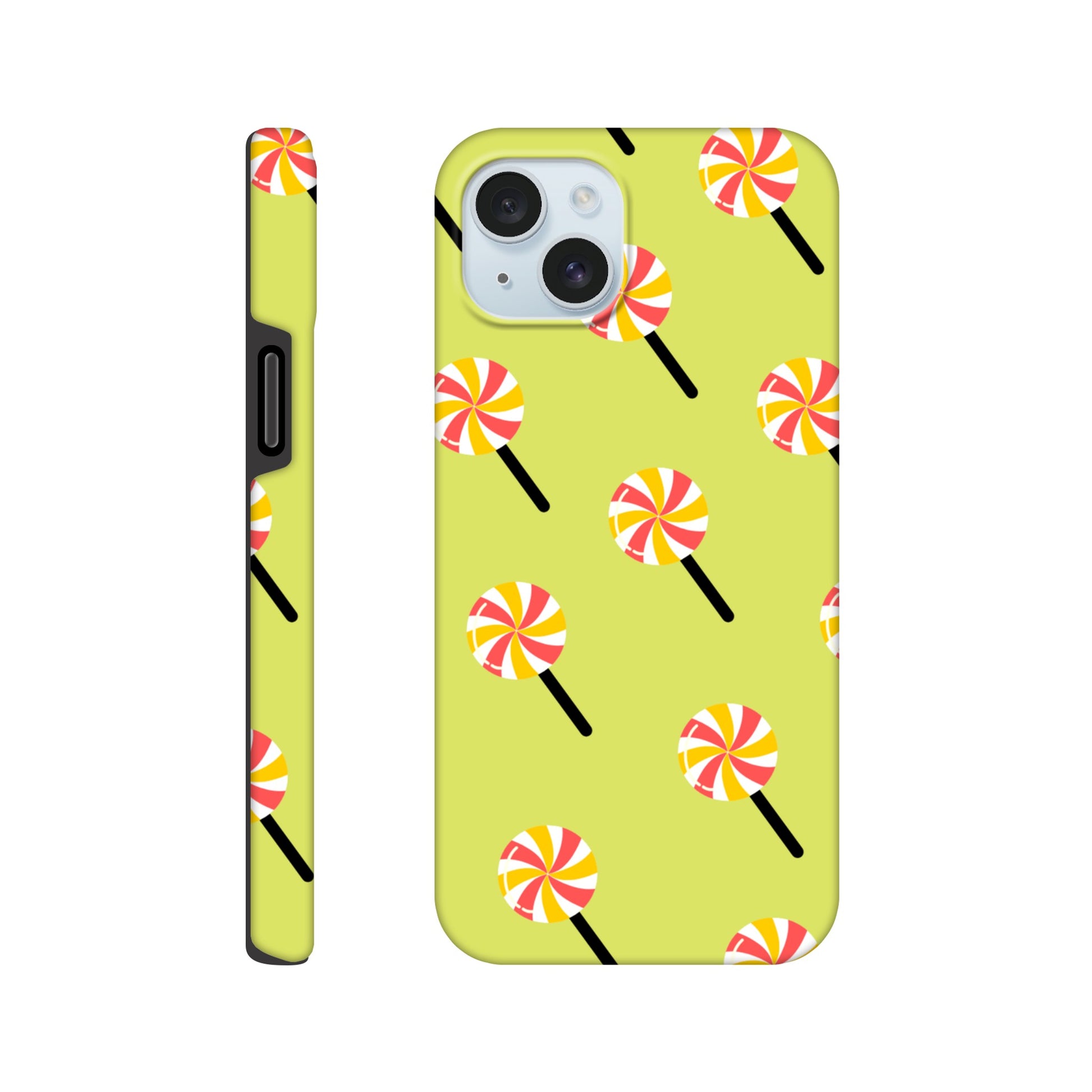 Sugary Spin phone case side view with vibrant candy design